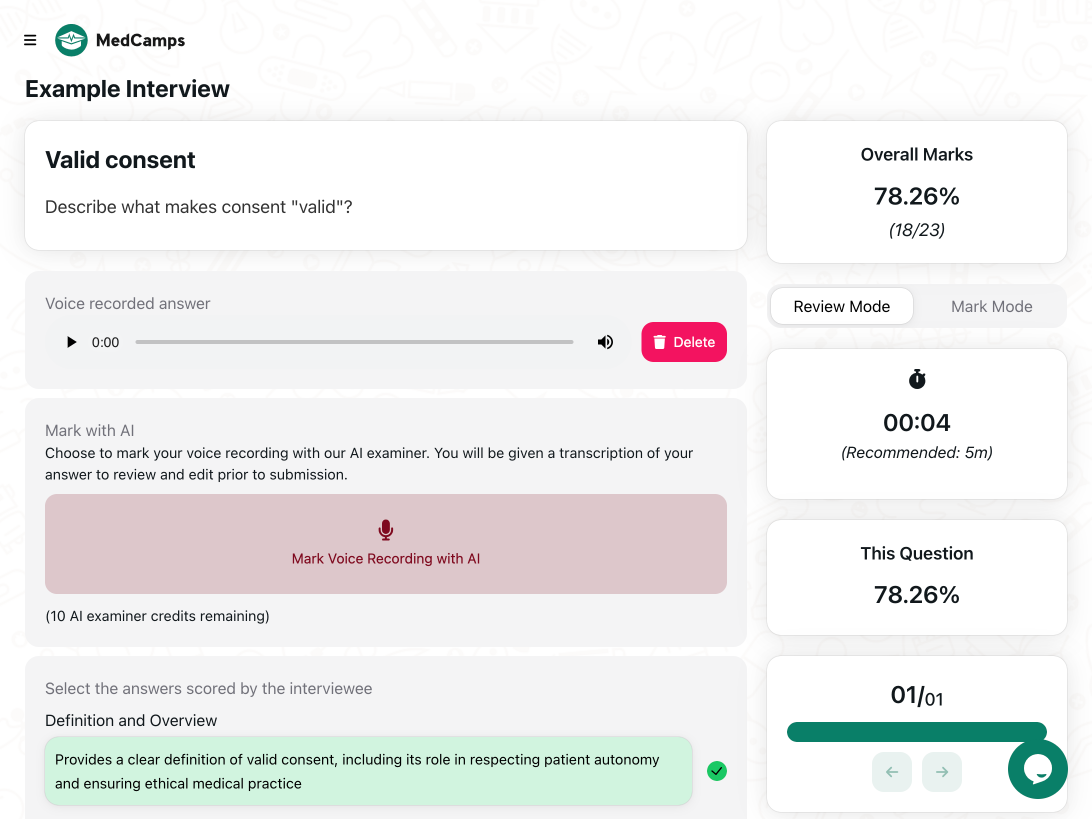 Shows an example medicine mock interview on the MedCamps platform