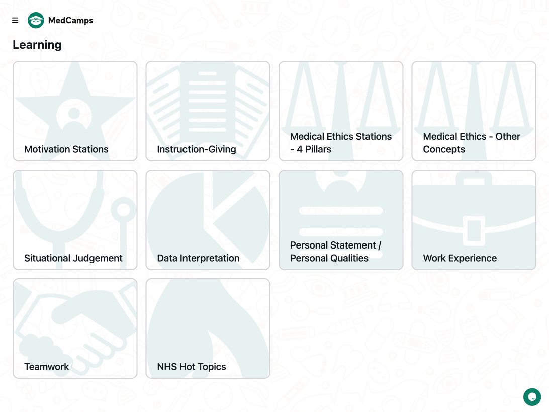 Picture of the free learning resources on MedCamps. Covers 10+ topics from motivation stations, to NHS hot topics
