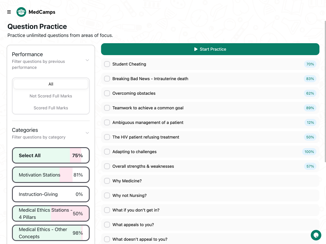 Photo of the medicine MMI question practice screen on the MedCamps platform.